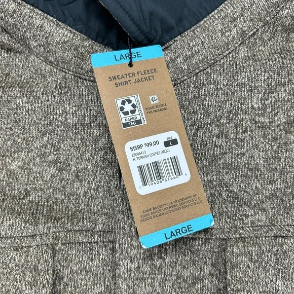 NWT Eddie Bauer Sweater Fleece Shirt Jacket Mens L Turkish Coffee Outdoor Logo - Picture 4 of 9